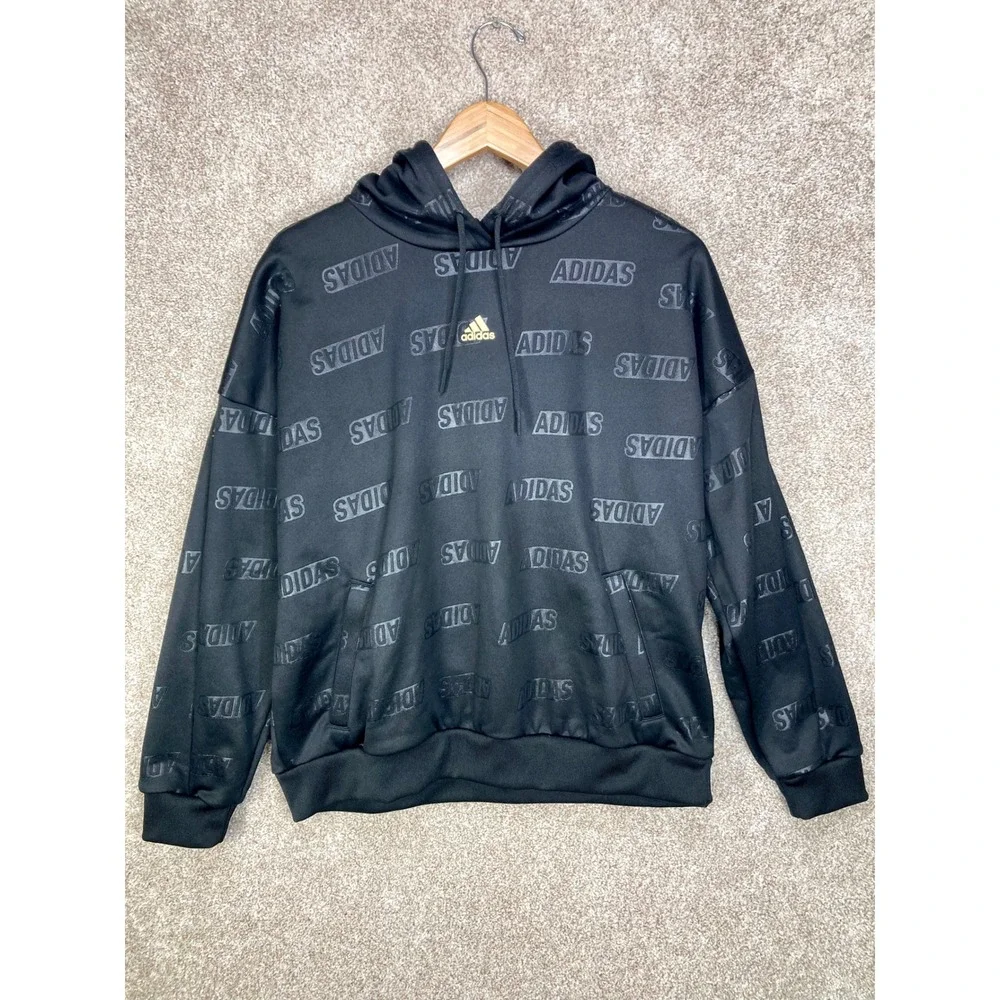 Adidas Oversized Embossed Logo Print Hoodie Mens M Black Streetwear Y2K Pullover